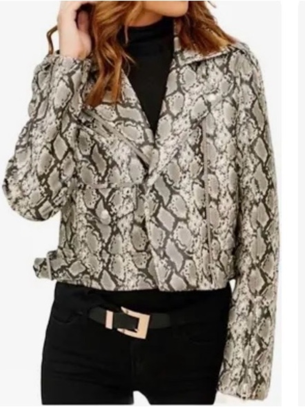 Blank NYC Snake-Print Cropped Leather Jacket in Gray and Black